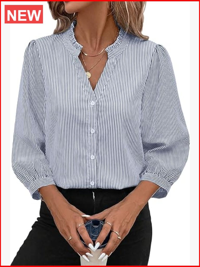 Button Down Shirt Striped Ruffle Vneck 3/4 Sleeve Business Casual Tops Blouses